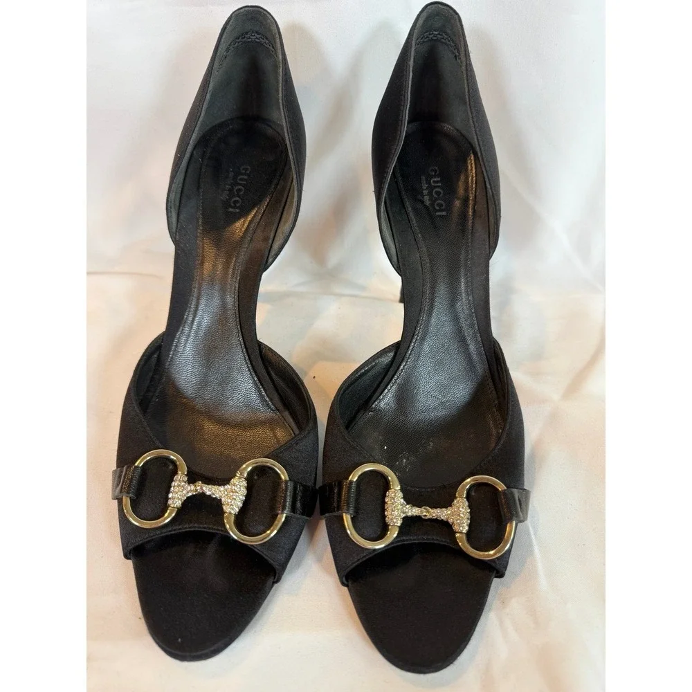Gucci Black Satin Horsebit Crystal D'Orsay Open Toe Heels 9.5B Made in Italy